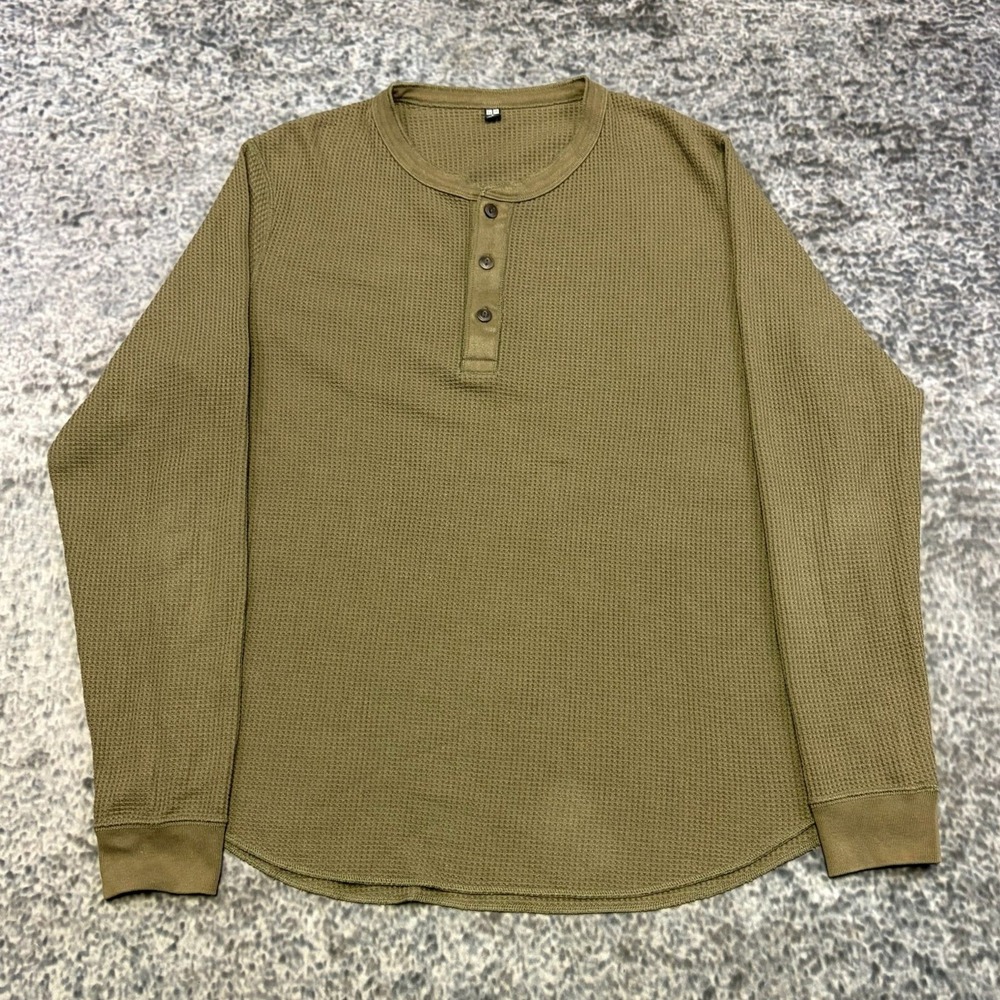 Uniqlo Thermal Henley Shirt Long Sleeve Medium Olive Green Waffle Military